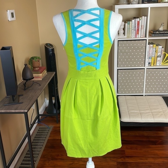 Mod Cocktail Dress, Madrid by Nanette Lepore, Turquoise Blue & Lime Green, Sz XS - Picture 9 of 11
